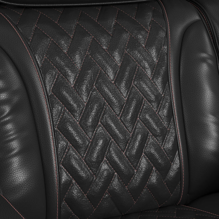 Prime Time P3 Loveseat with LED, wireless charger pocket, and Console in Jett Black with Red Stitching