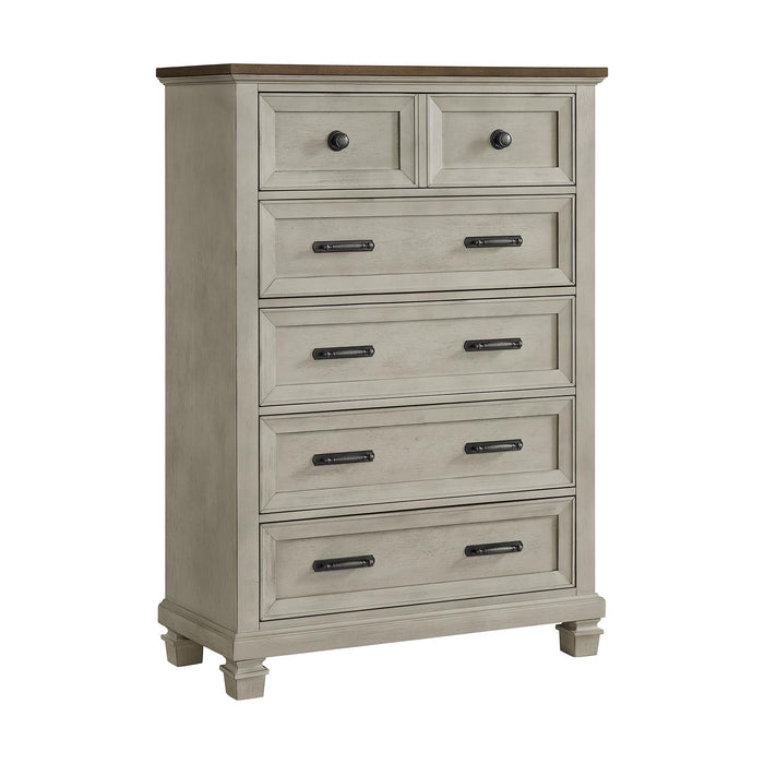 Farmington 5-Drawer Chest in Medium Brown and Washed Stone