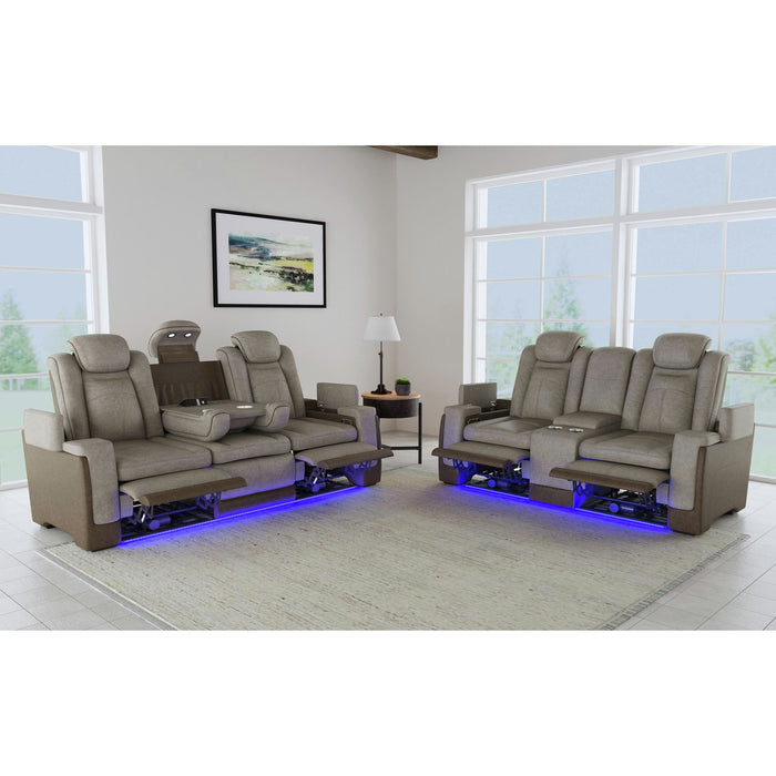 Lantana Power Motion Loveseat with Power Headrest, Led, and Console in Rocky Grey/Brown - Pierce Furniture Gallery