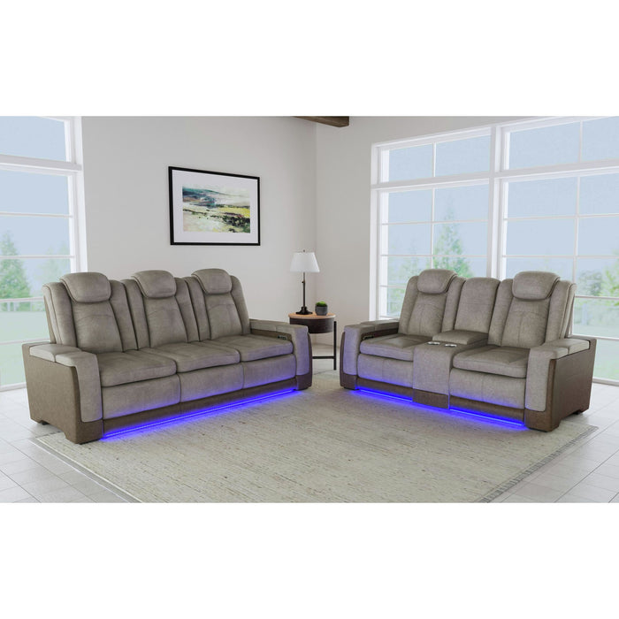 Lantana Power Motion Loveseat with Power Headrest, Led, and Console in Rocky Grey/Brown - Pierce Furniture Gallery