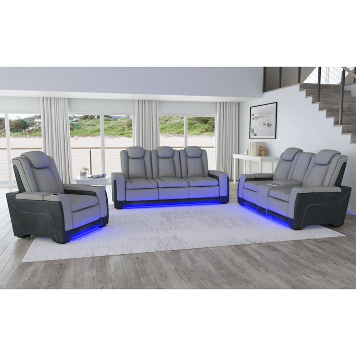 Lantana Power Motion Recliner with Power Headrest, Led, wireless charger and Cup holder in Rocky Cement/Charcoal - Pierce Furniture Gallery