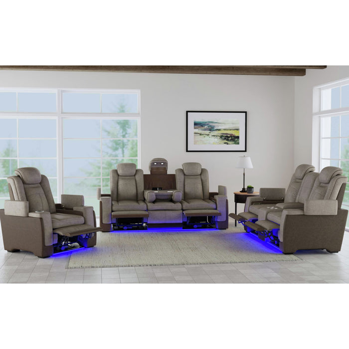 Lantana Power Motion Loveseat with Power Headrest, Led, and Console in Rocky Grey/Brown - Pierce Furniture Gallery