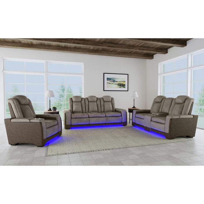 Lantana Power Motion Loveseat with Power Headrest, Led, and Console in Rocky Grey/Brown - Pierce Furniture Gallery