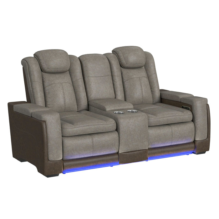 Lantana Power Motion Loveseat with Power Headrest, Led, and Console in Rocky Grey/Brown - Pierce Furniture Gallery