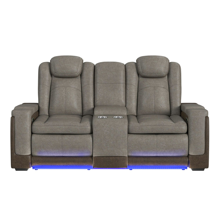 Lantana Power Motion Loveseat with Power Headrest, Led, and Console in Rocky Grey/Brown - Pierce Furniture Gallery