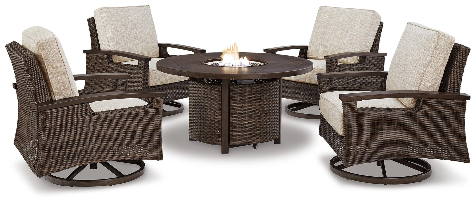 Paradise Trail Paradise Trail Fire Pit Table with 4 Nuvella Swivel Lounge Chairs - Pierce Furniture Gallery