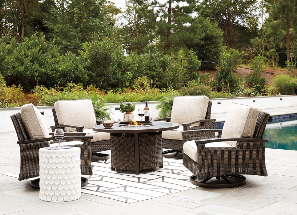 Paradise Trail Paradise Trail Fire Pit Table with 4 Nuvella Swivel Lounge Chairs - Pierce Furniture Gallery
