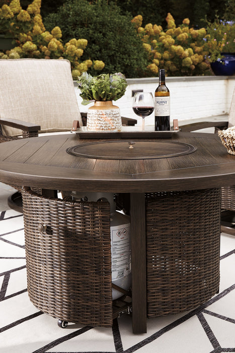 Paradise Trail Paradise Trail Fire Pit Table with 4 Nuvella Swivel Lounge Chairs - Pierce Furniture Gallery