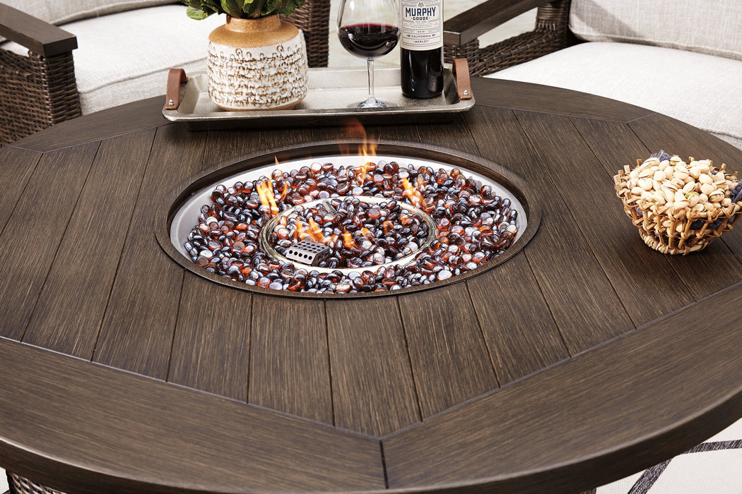 Paradise Trail Paradise Trail Fire Pit Table with 4 Nuvella Swivel Lounge Chairs - Pierce Furniture Gallery