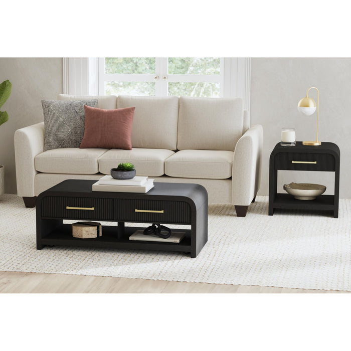 Ridgemont Coffee Table with Casters/Push Through Drawer in Black with Grain
