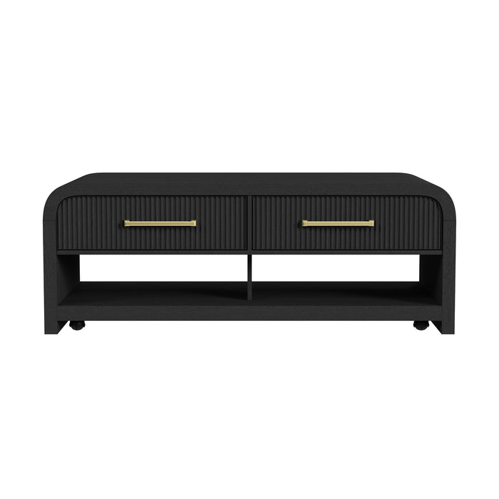 Ridgemont Coffee Table with Casters/Push Through Drawer in Black with Grain