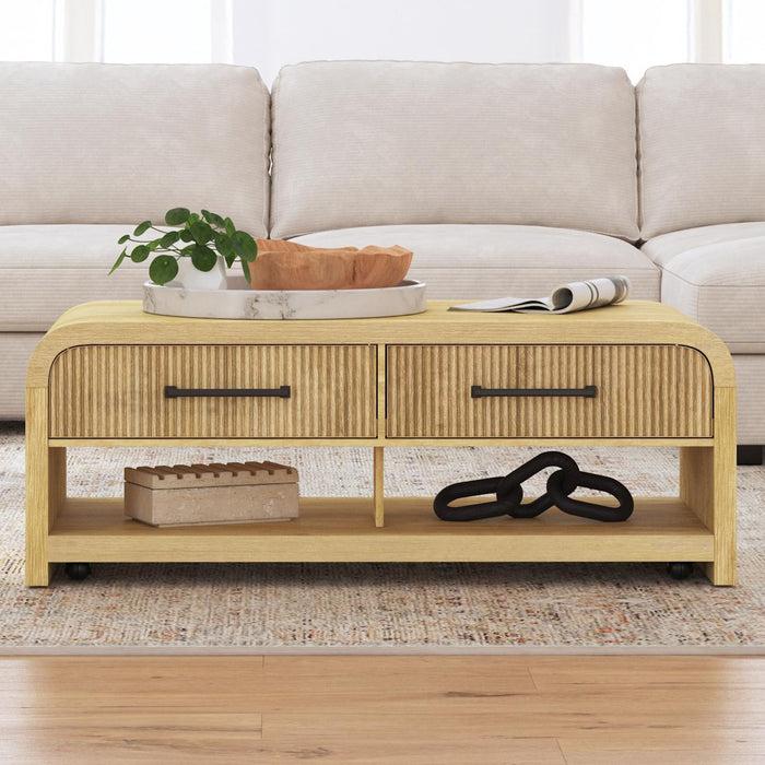 Ridgemont Coffee Table with Casters/Push Through Drawer in Natural