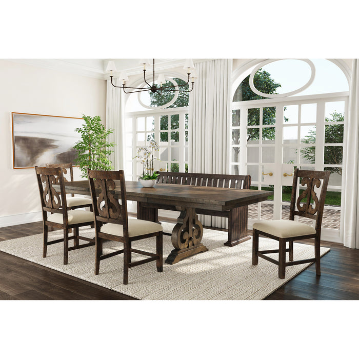 Stone 6PC Dining Set in Charcoal - Table, 4 Wooden Swril Back Side Chairs, & Pew Bench - Pierce Furniture Gallery