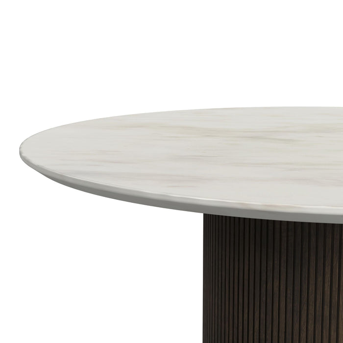 Sylvie Round End Table with White Faux Marble Top and Base in Dark Brown