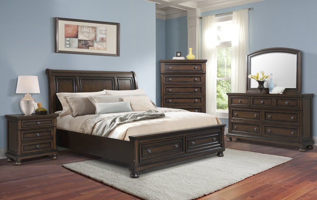 Elements International Kingston Queen with Footboard and Rail Storage Bed in Walnut