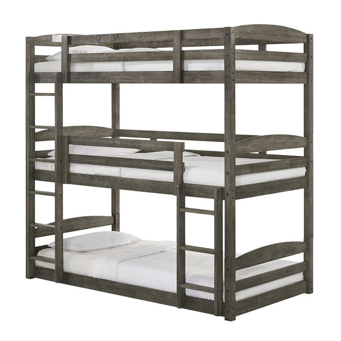 Elements International Trey Twin Over Twin Over Twin Bunk Bed in Wire Brushed Grey